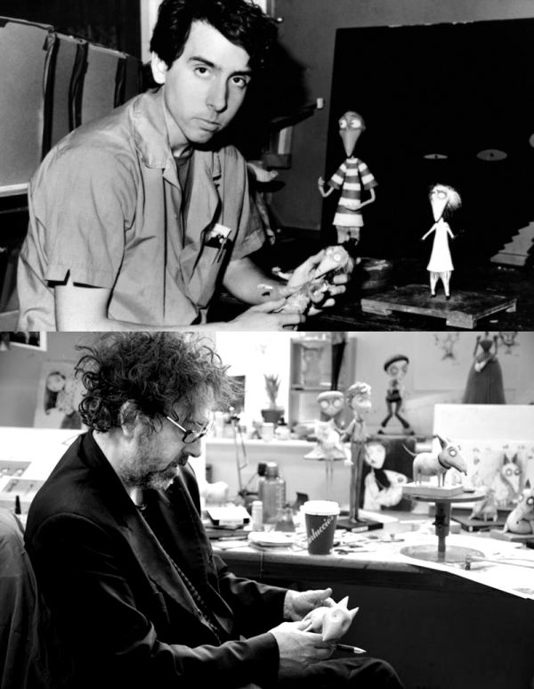 Haut : Tim Burton sur le tournage de Vincent (1982) Bas : Tim Burton sur le tournage de Frankenweenie (2012)